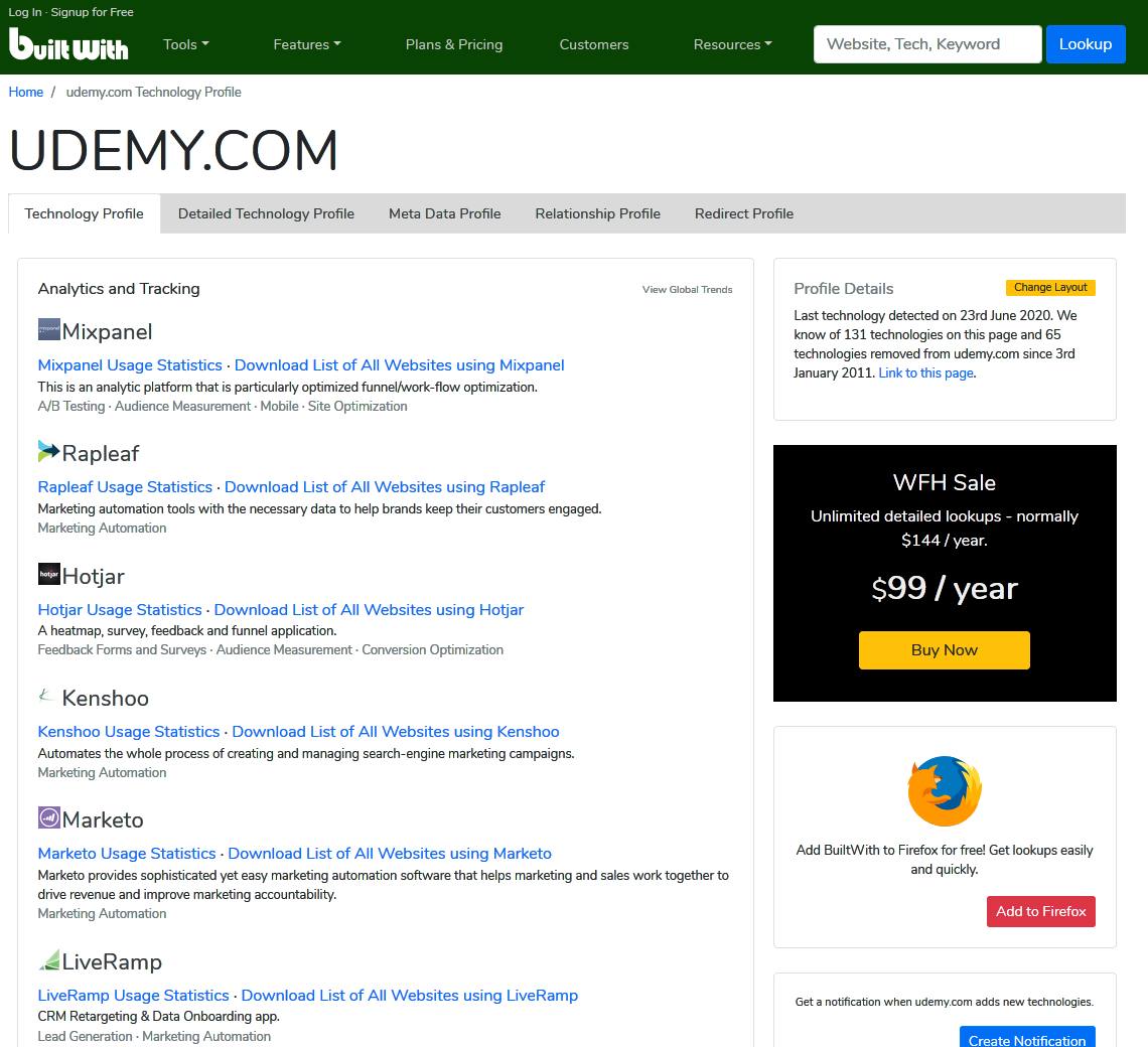 Widok witryny w narzędziu builtwith